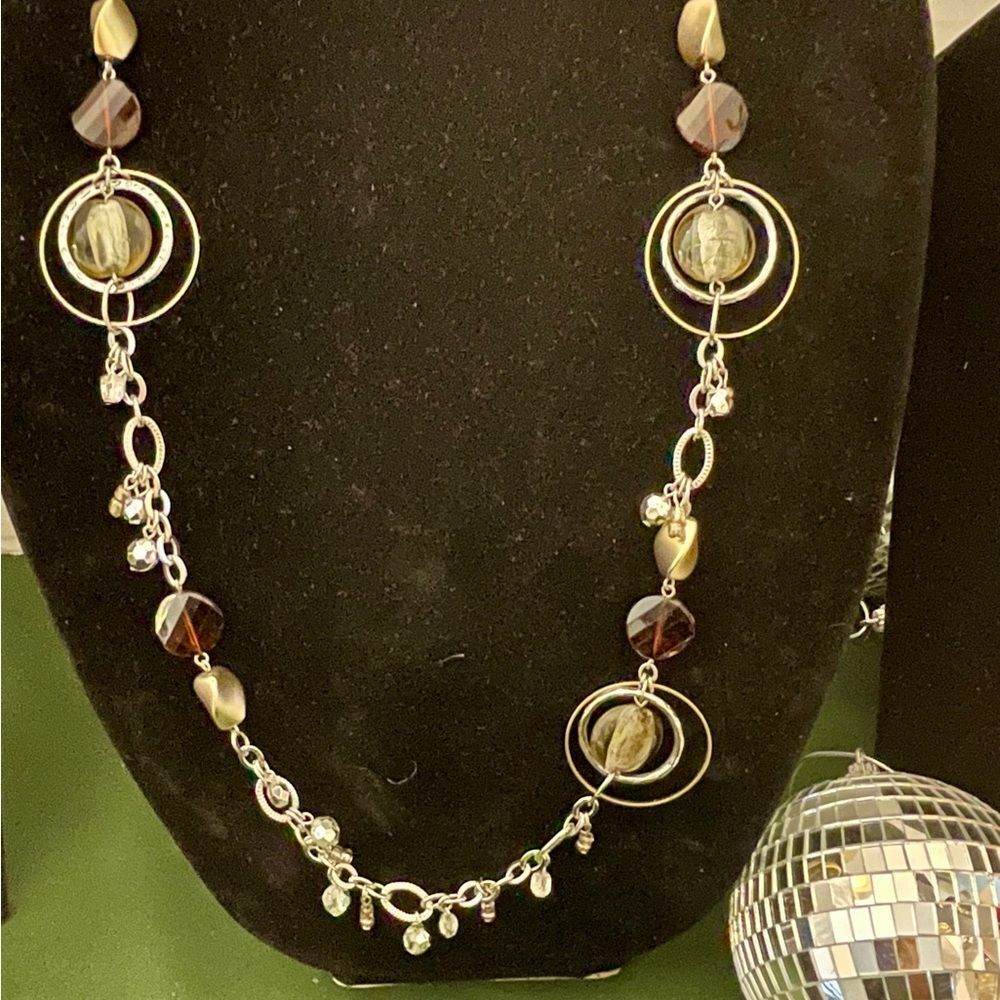 Chico's Silver and Amber Circle Station Necklace with Gold and Crystal Beads